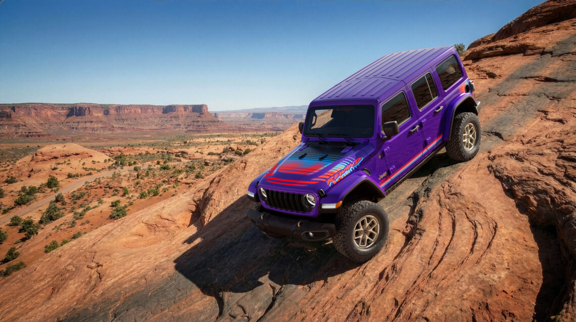 The 2026 Jeep® Wrangler Rewind Special Edition on rocky terrain